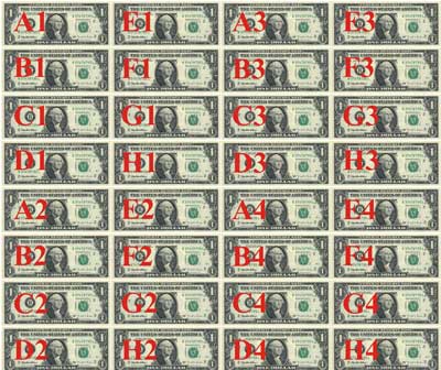 Расположение на пластине долларов США 